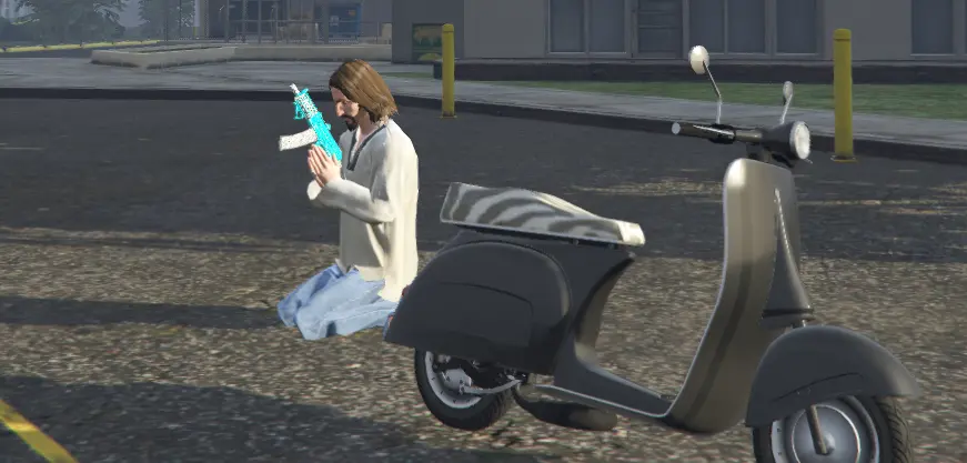 Armed LibertyRush character kneeling beside a scooter during a city moment
