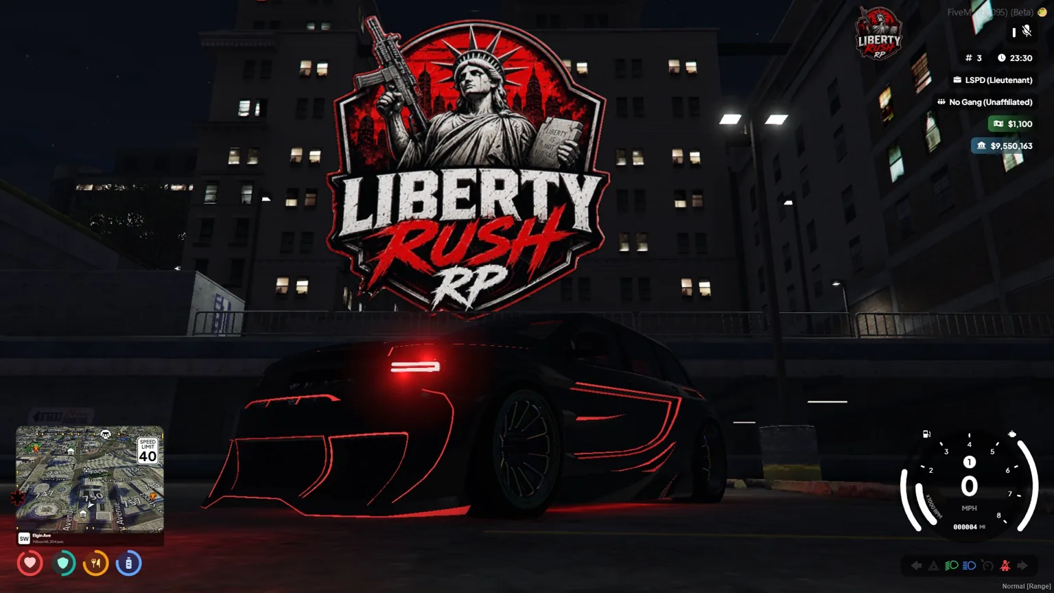 Red neon custom car parked beneath the LibertyRush city sign