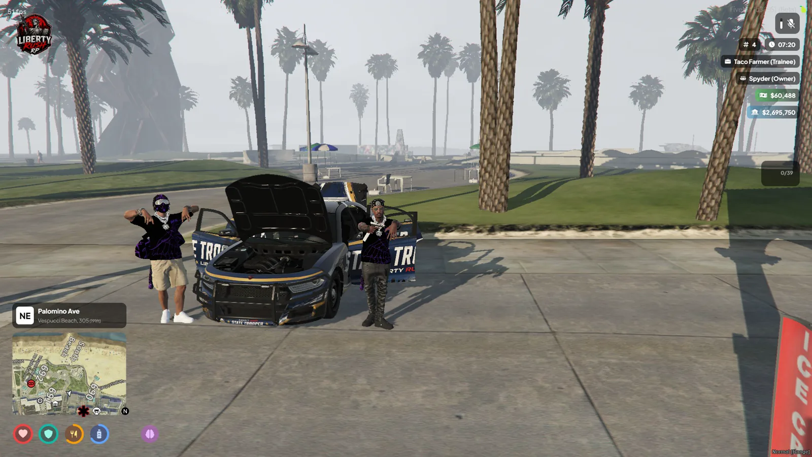 Two LibertyRush citizens posing with a custom state trooper vehicle